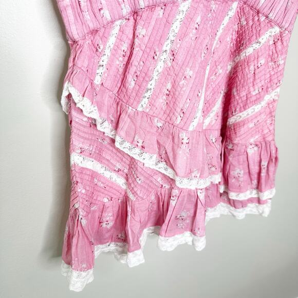 LoveShackFancy Bonita Mini Dress Ruffles Lace V-Neck Short Sleeve Pink Size M - Picture 5 of 8